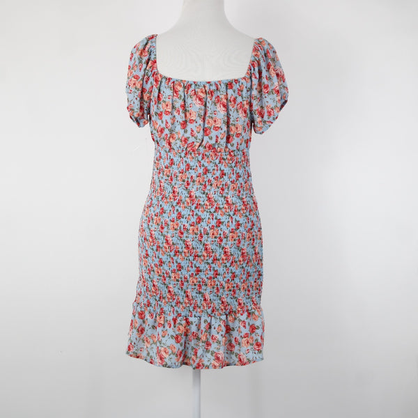 Almost Famous NEW Sz M Blue Multi Color Floral Ruching 100% Polyester Dress