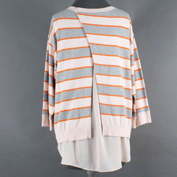 Market Spruce Sz M Peach Gray Stripe Hi Lo Lined Layered Cotton Blend Sweater
