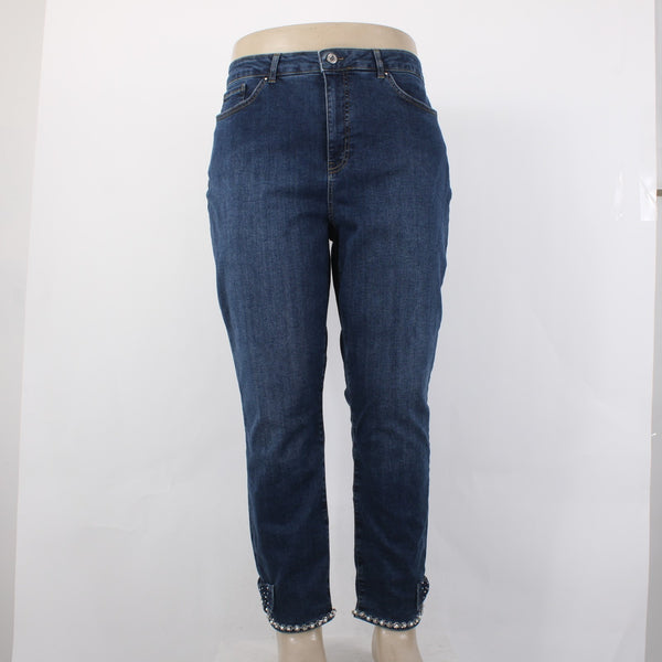 Joseph Ribkoff Jeans Sz 18 x 27 Blue Denim Rhinestone Bow Detail Cotton Jeans