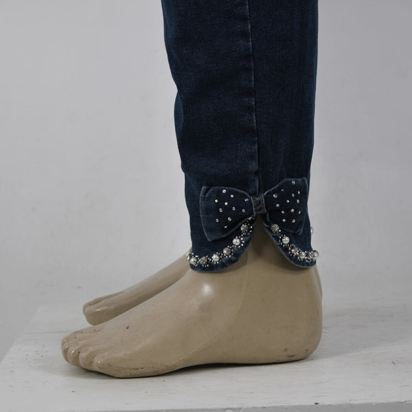 Joseph Ribkoff Jeans Sz 18 x 27 Blue Denim Rhinestone Bow Detail Cotton Jeans