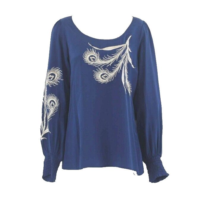 Fifteen-Twenty NEW $231 Sz S Teal Blue Beige Embroidered Plumes 100% Silk Top