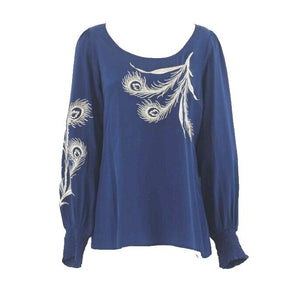 Fifteen-Twenty NEW $231 Sz S Teal Blue Beige Embroidered Plumes 100% Silk Top