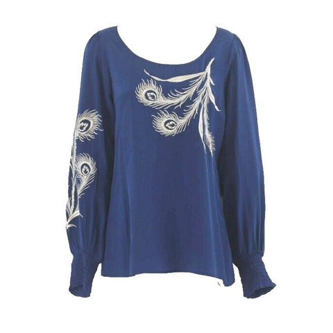 Fifteen-Twenty NEW $231 Sz S Teal Blue Beige Embroidered Plumes 100% Silk Top
