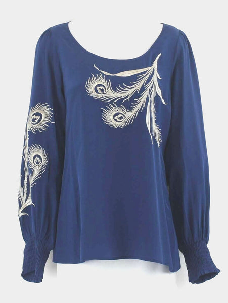 Fifteen-Twenty NEW $231 Sz S Teal Blue Beige Embroidered Plumes 100% Silk Top
