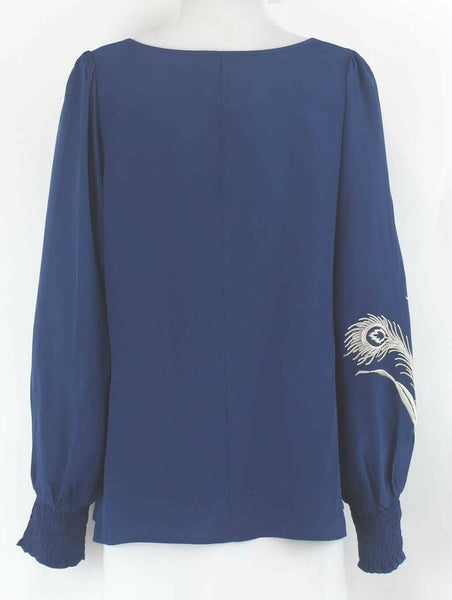 Fifteen-Twenty NEW $231 Sz S Teal Blue Beige Embroidered Plumes 100% Silk Top