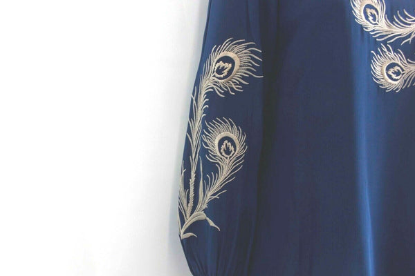 Fifteen-Twenty NEW $231 Sz S Teal Blue Beige Embroidered Plumes 100% Silk Top