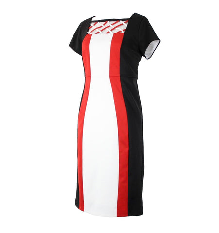 Monroe Main Sz S Black Red White Lined Striped Polyester Spandex Bodycon Dress