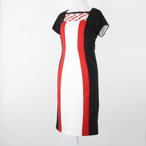 Monroe Main Sz S Black Red White Lined Striped Polyester Spandex Bodycon Dress