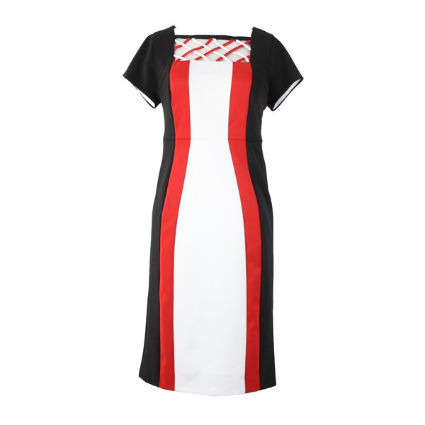 Monroe Main Sz S Black Red White Lined Striped Polyester Spandex Bodycon Dress
