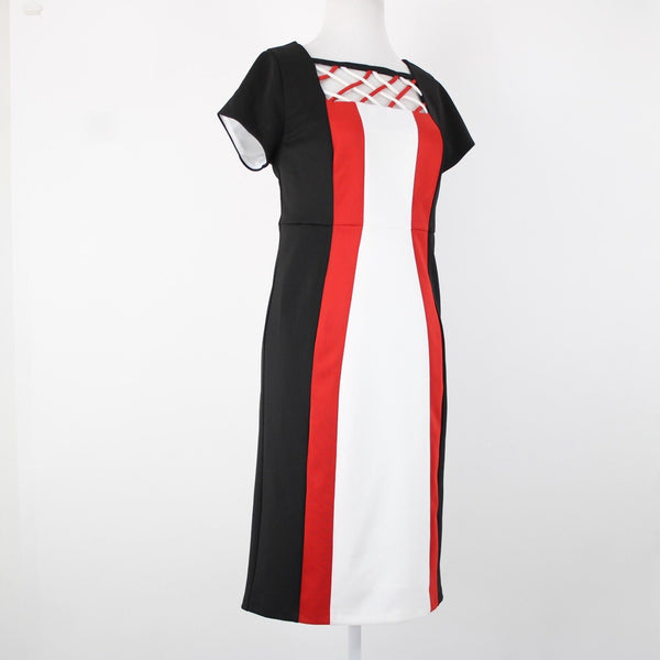 Monroe Main Sz S Black Red White Lined Striped Polyester Spandex Bodycon Dress