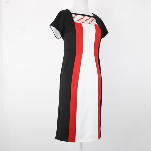 Monroe Main Sz S Black Red White Lined Striped Polyester Spandex Bodycon Dress