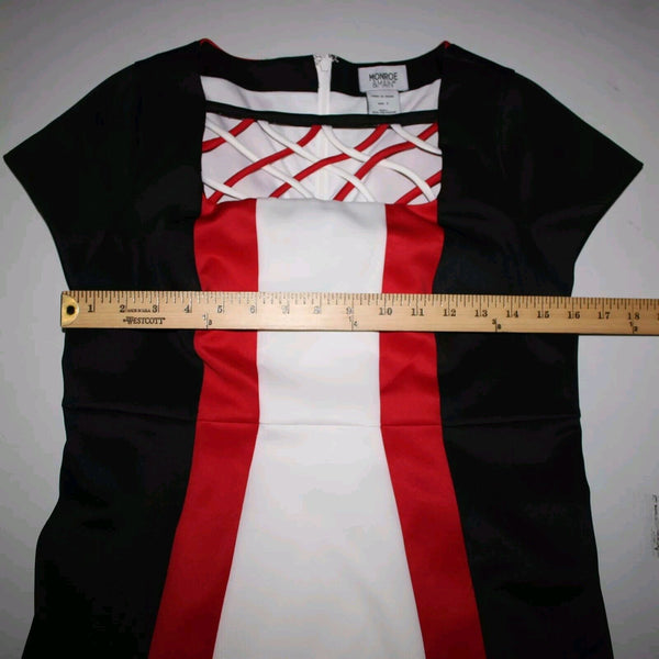 Monroe Main Sz S Black Red White Lined Striped Polyester Spandex Bodycon Dress
