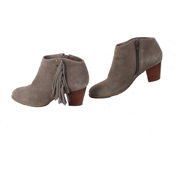 Vionic Boots Sz 8 Brown Fringe Side Zipper Detail Faux Suede 2.5" Ankle Boots