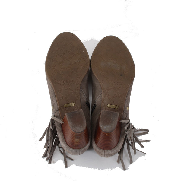 Vionic Boots Sz 8 Brown Fringe Side Zipper Detail Faux Suede 2.5" Ankle Boots