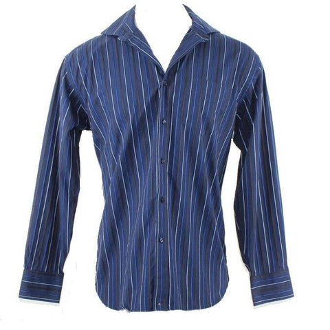 Tommy Hilfiger Sz M Navy Blue Striped 80's 2 Ply 100% Cotton Men's Shirt