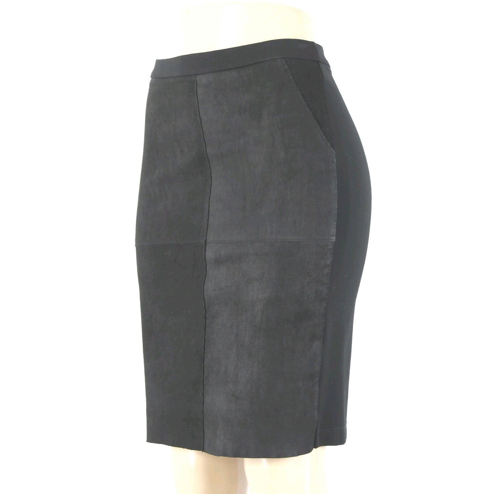 Heather Sz S Black Mixed Media Lamb Skin Contrast Rayon Nylon Spandex Skirt