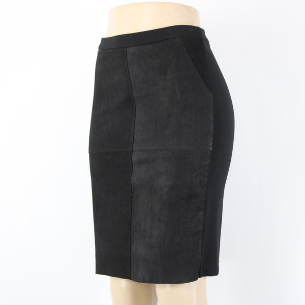 Heather Sz S Black Mixed Media Lamb Skin Contrast Rayon Nylon Spandex Skirt