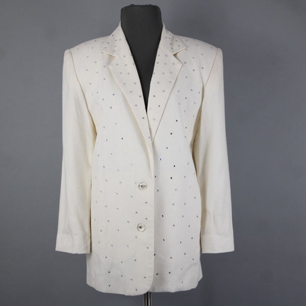 Criscione Sz S Cream White Rhinestones Collar Lined Rayon Polymide AS IS Jacket