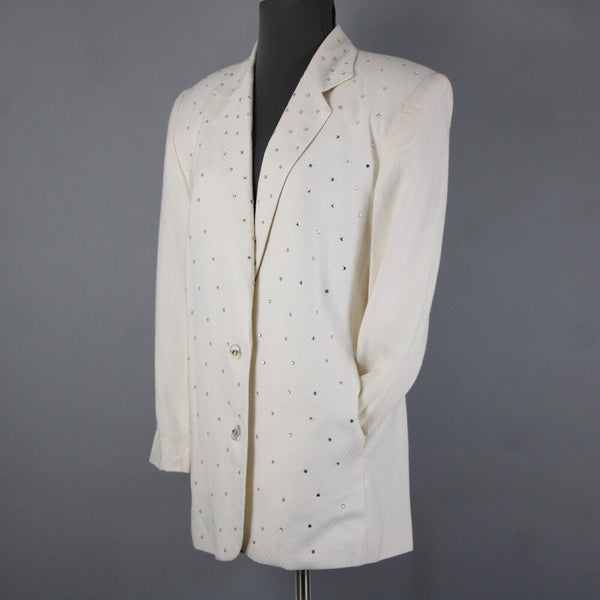 Criscione Sz S Cream White Rhinestones Collar Lined Rayon Polymide AS IS Jacket