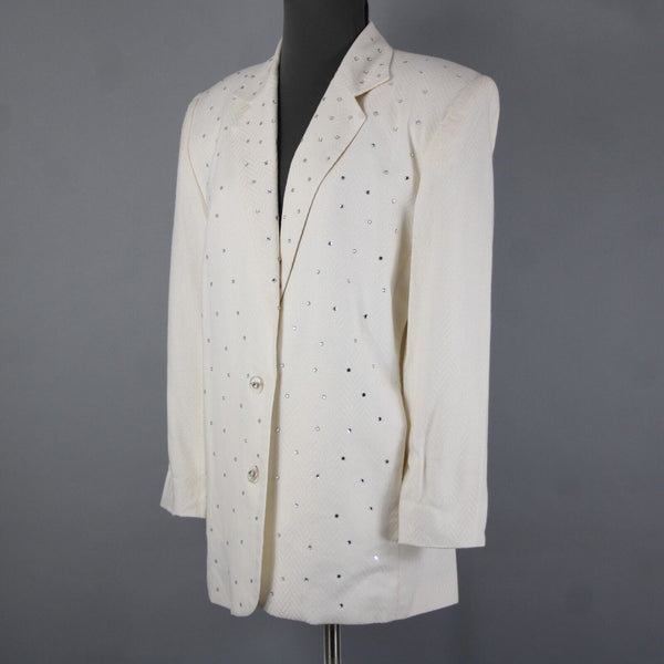 Criscione Sz S Cream White Rhinestones Collar Lined Rayon Polymide AS IS Jacket