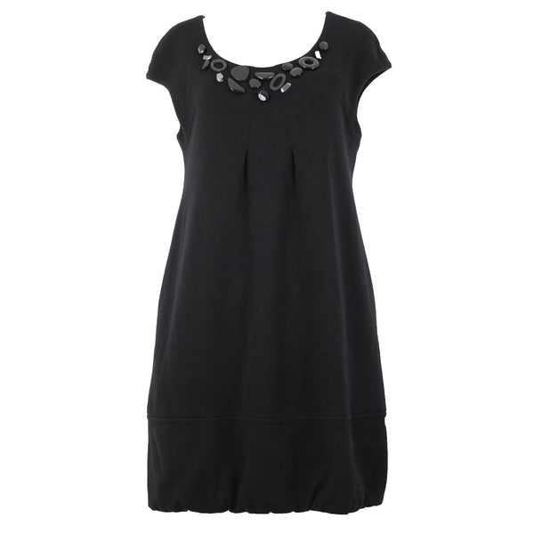 Vince Sz M Black Beaded Neck Pockets 100% Wool Knee Length Dress