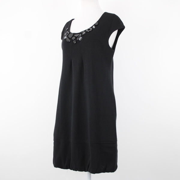 Vince Sz M Black Beaded Neck Pockets 100% Wool Knee Length Dress