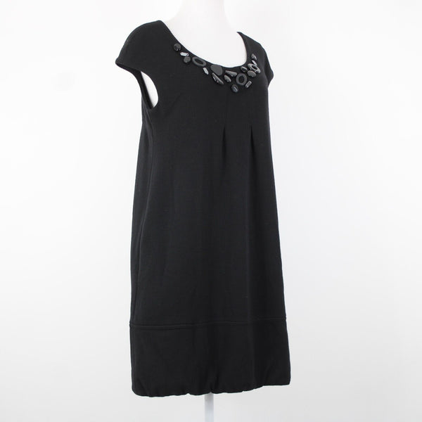 Vince Sz M Black Beaded Neck Pockets 100% Wool Knee Length Dress
