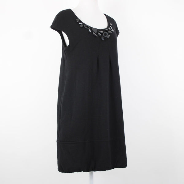 Vince Sz M Black Beaded Neck Pockets 100% Wool Knee Length Dress