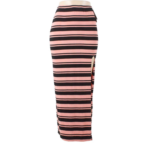 Material Girl NEW $34 Sz S Black Coral Striped Slit Rayon Blend Knit Long Skirt