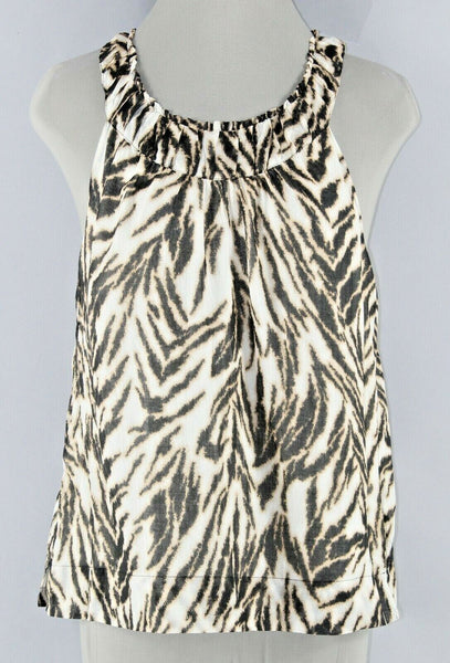Talbots Sz 6P White Black Tan Animal Print Inset Collar 100% Cotton Top