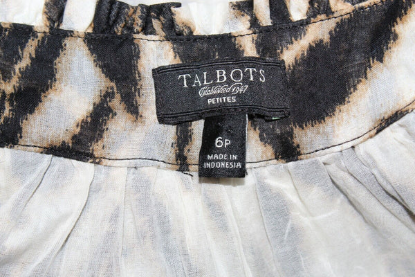 Talbots Sz 6P White Black Tan Animal Print Inset Collar 100% Cotton Top