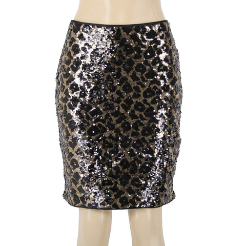 Cache Sz 10 Black Animal Print Sequin Lined Polyester Spandex Skirt