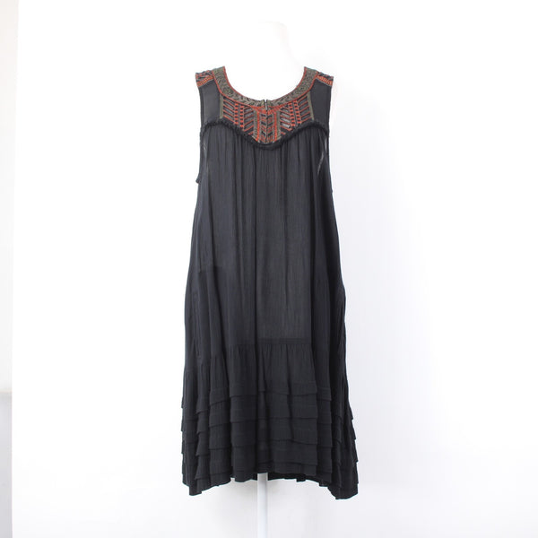 Free People Dress Sz M Black Rust Multicolor Embroidered 100% Rayon Dress
