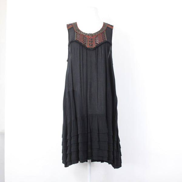 Free People Dress Sz M Black Rust Multicolor Embroidered 100% Rayon Dress