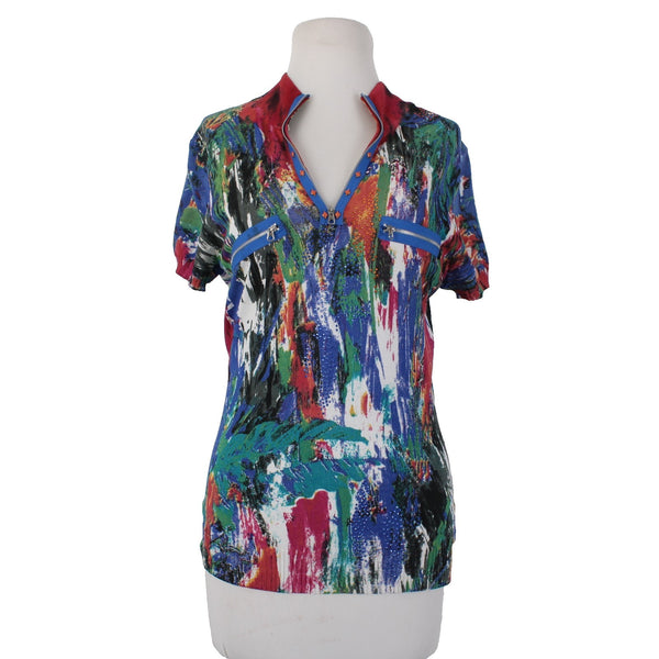 Alberto Makali Top Sz L Blue Multi Color V Neck Embellishments Rayon Nylon Top
