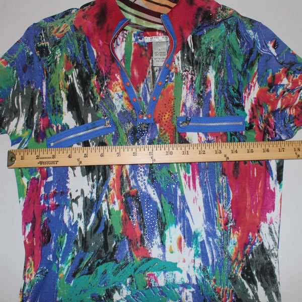 Alberto Makali Top Sz L Blue Multi Color V Neck Embellishments Rayon Nylon Top