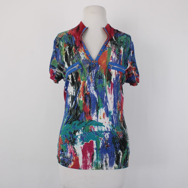 Alberto Makali Top Sz L Blue Multi Color V Neck Embellishments Rayon Nylon Top