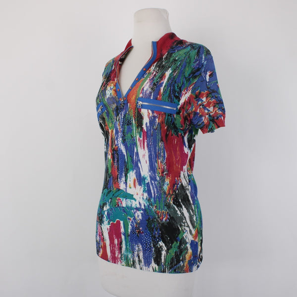 Alberto Makali Top Sz L Blue Multi Color V Neck Embellishments Rayon Nylon Top