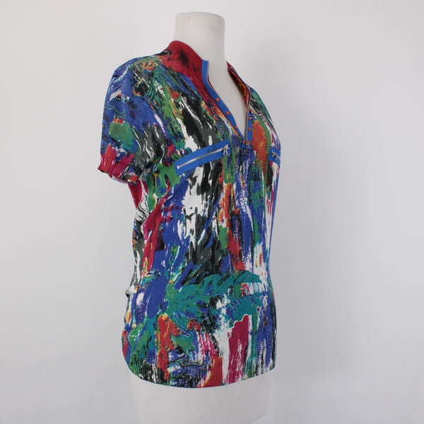 Alberto Makali Top Sz L Blue Multi Color V Neck Embellishments Rayon Nylon Top