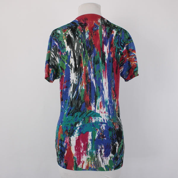 Alberto Makali Top Sz L Blue Multi Color V Neck Embellishments Rayon Nylon Top