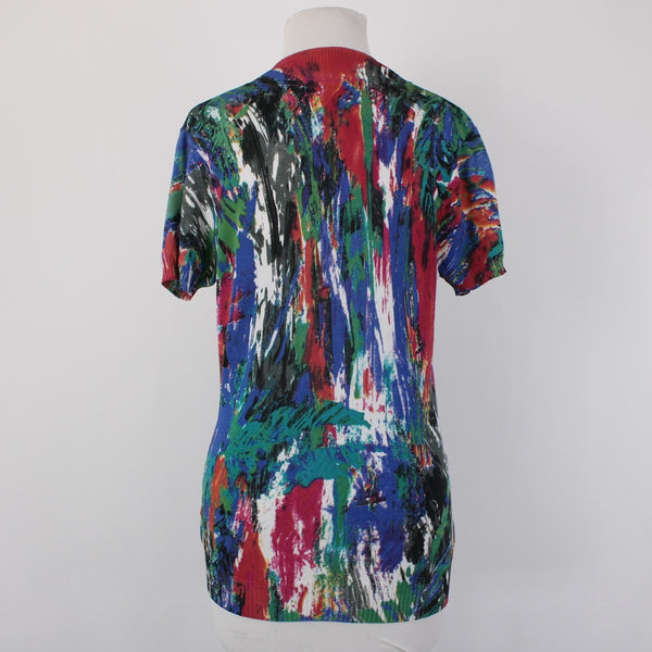 Alberto Makali Top Sz L Blue Multi Color V Neck Embellishments Rayon Nylon Top