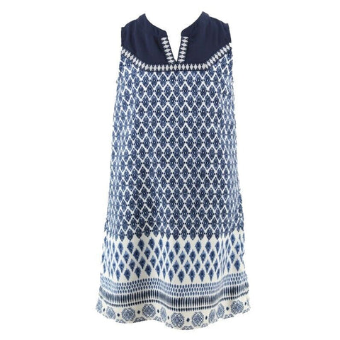 Monteau Girl Sz 10/12 Girls Navy Blue Cream 100% Polyester Shift Dress