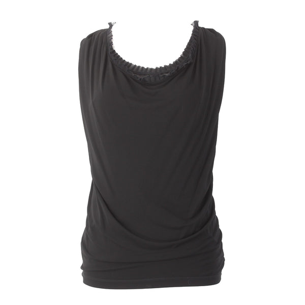 Fuzzi Top Sz L Black Ruching Sleeveless Round Neck 100% Viscose Top