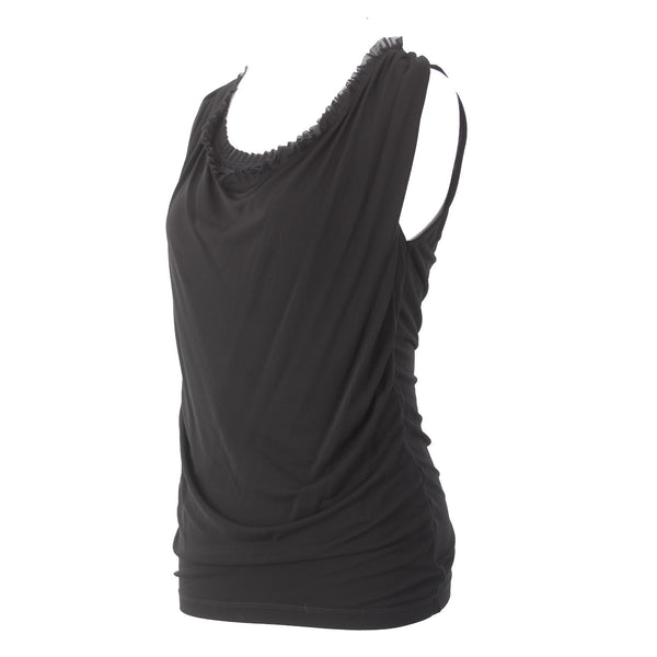 Fuzzi Top Sz L Black Ruching Sleeveless Round Neck 100% Viscose Top