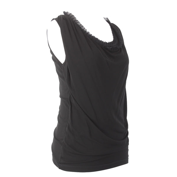 Fuzzi Top Sz L Black Ruching Sleeveless Round Neck 100% Viscose Top