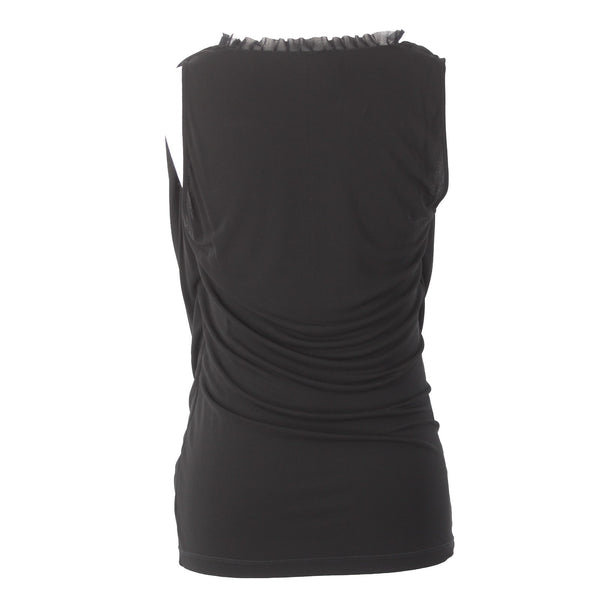 Fuzzi Top Sz L Black Ruching Sleeveless Round Neck 100% Viscose Top