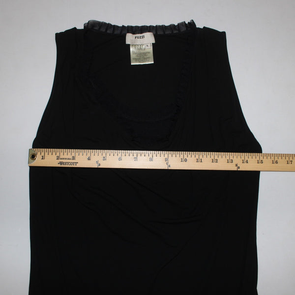 Fuzzi Top Sz L Black Ruching Sleeveless Round Neck 100% Viscose Top