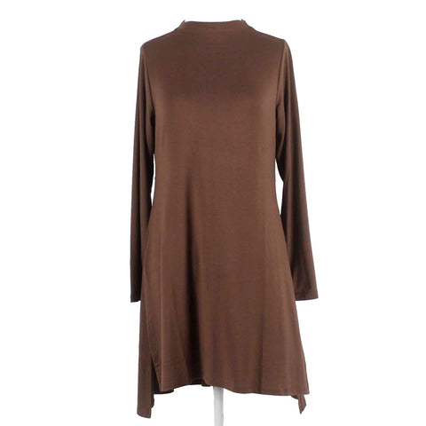 Lisa Rinna Sz XS Brown High Neck Asymmetric Split Sides Rayon Spandex Knit Tunic