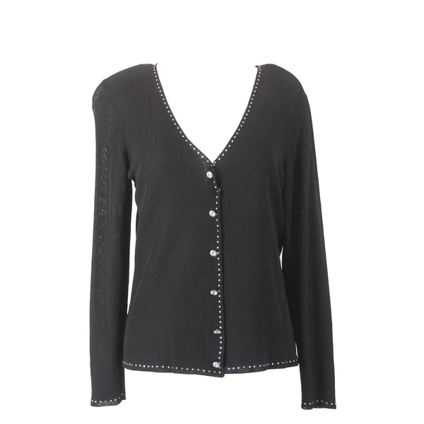 Dana Buchman Cardigan Sweater Sz S Black Rhinestones Rayon Nylon Sweater