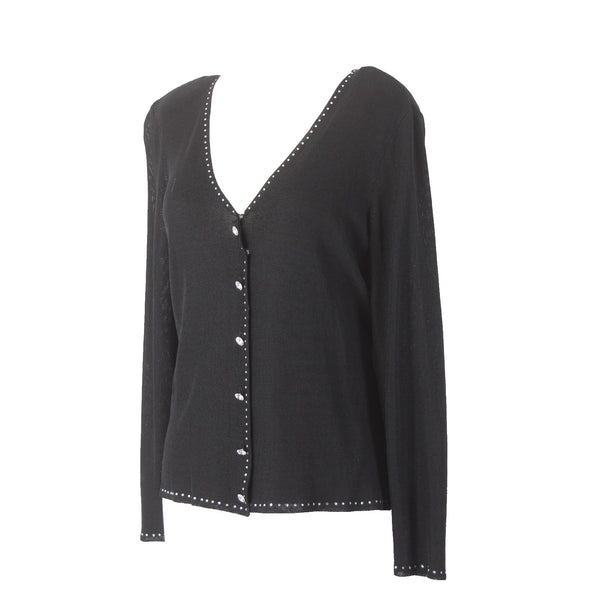 Dana Buchman Cardigan Sweater Sz S Black Rhinestones Rayon Nylon Sweater